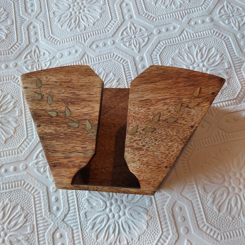 Handcrafted Wood Coffee Filter Holder Brass Leaf Inlay Rustic Kitchen Organizer